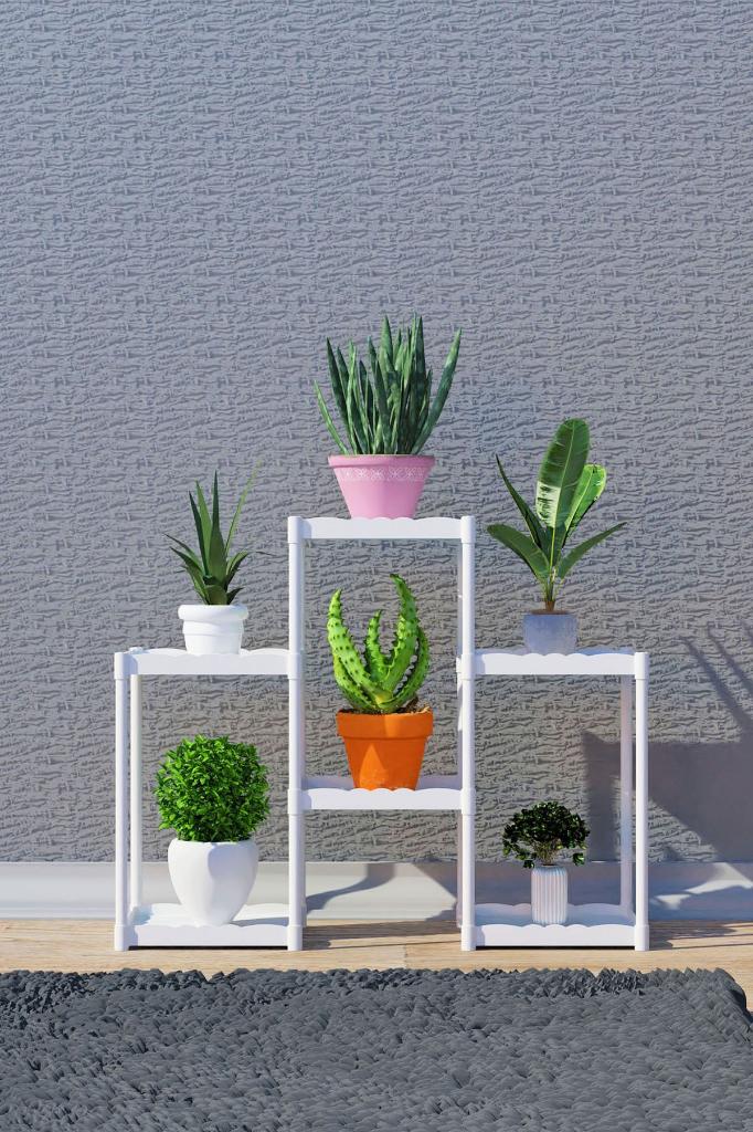 Işıl 6 Raflı Plastik Beyaz Saksılık Dekoratif Çiçeklik Saksı Standı 222_k_b